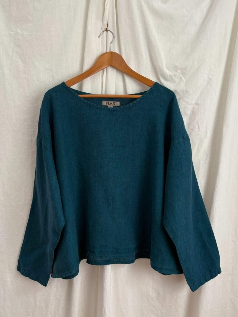 FLAX 100% Linen Turquoise Long Sleeve Shirt L Natural Fiber Pullover Oversized